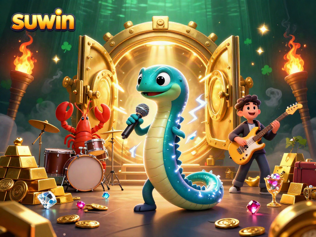 Engage in thrilling games with suwin, experiencing a vibrant underwater DJ performance surrounded by treasures.