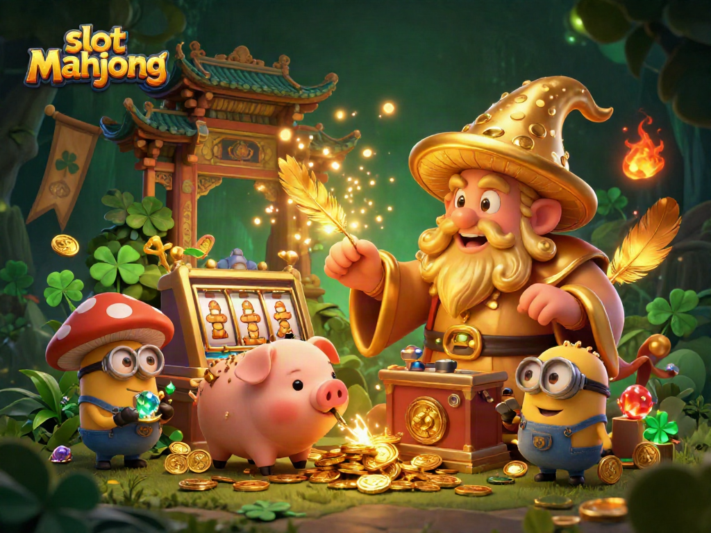 Experience the thrill of slot mahjong with vibrant wizards, treasures, and casino symbols in this enchanting illustration.