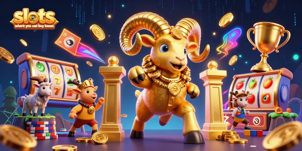 Engage with slots where you can buy bonus, featuring dynamic 3D golden ram and lively casino elements.