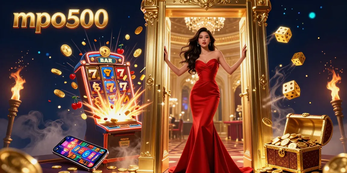 Experience thrilling jackpots at mpo500 with a glamorous Asian woman welcoming you into a luxurious casino scene.