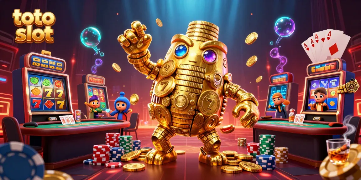 Engage in thrilling toto slot action with vibrant casino elements and a captivating golden golem.