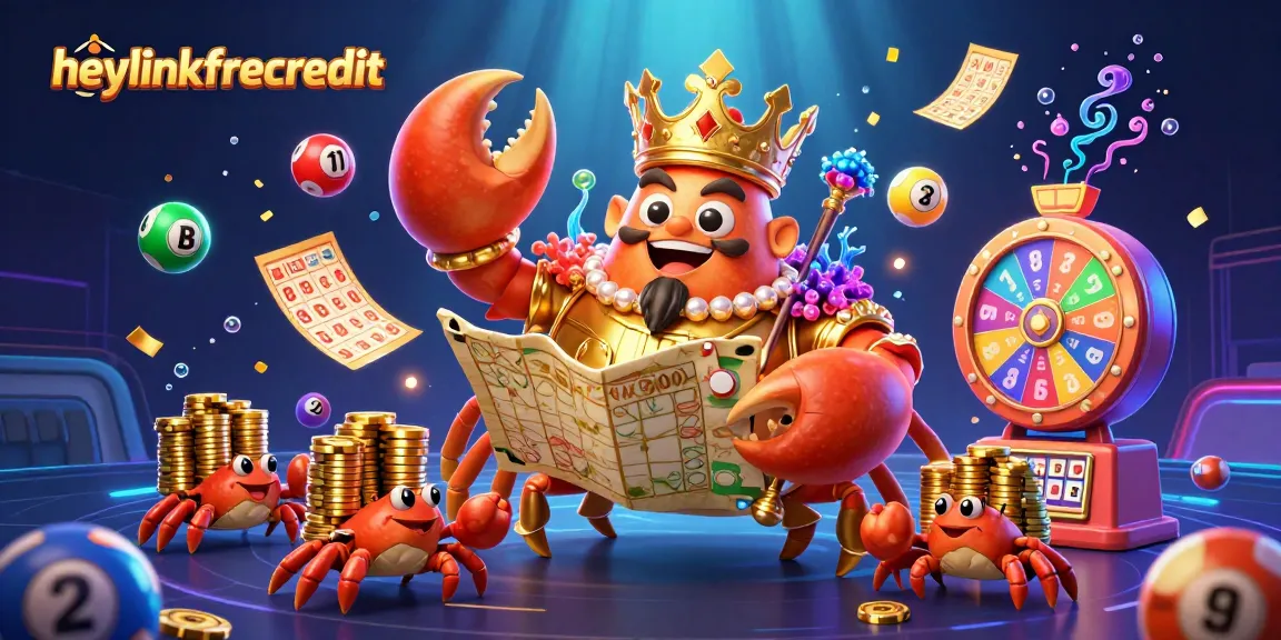heylinkfreecredit showcases vibrant lottery elements with a crab emperor and dynamic game visuals