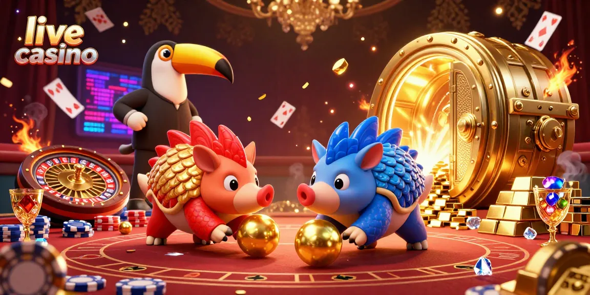 Permainan live casino menarik dengan pangolins bertanding sambil melempar bola emas dan tumpukan chip poker.