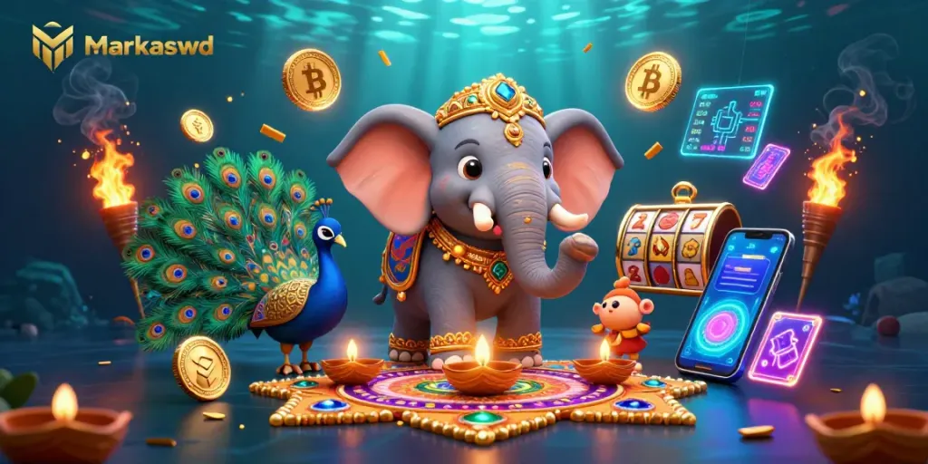 Experience thrilling moments with Markaswd's vibrant casino-themed 3D elephant and crypto elements