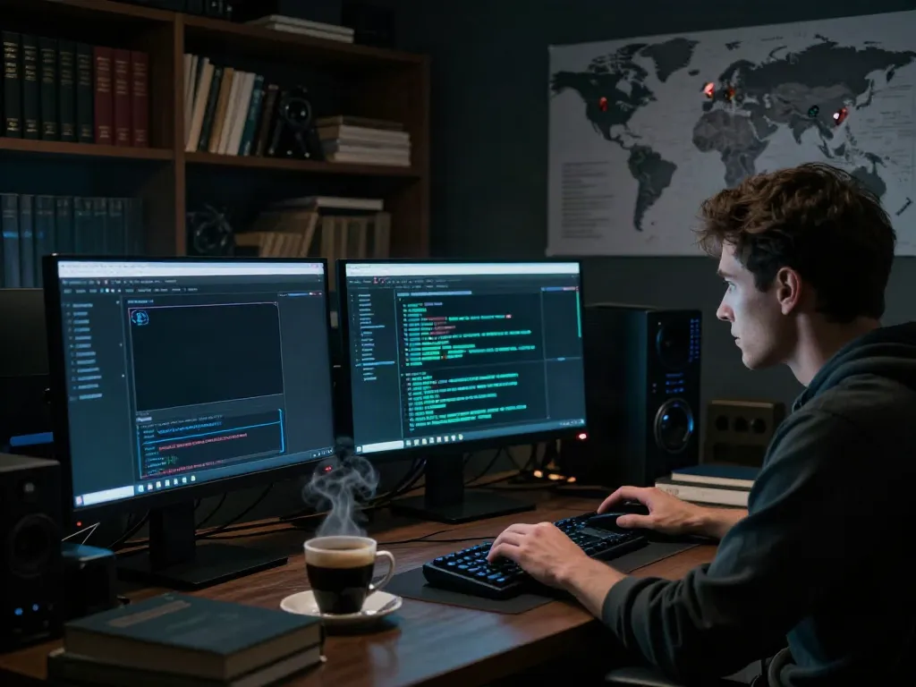Scene illustrating a person navigating the hidden wiki dark web, focused on computer screens with cryptography books around.