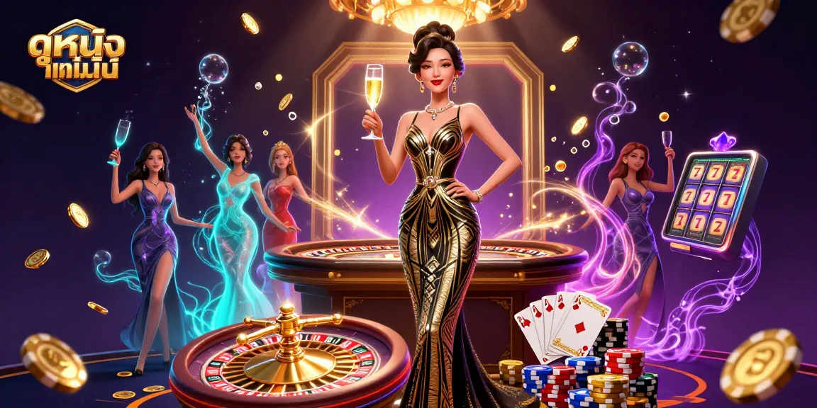 Engage in ดูหนังออนไลน์ with vibrant casino elements featuring sparkling gems and elegant characters.