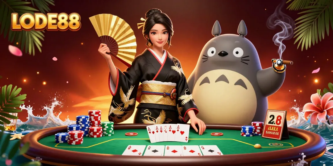 Experience LODE88 with engaging poker action from a traditional Japanese-themed casino scene.