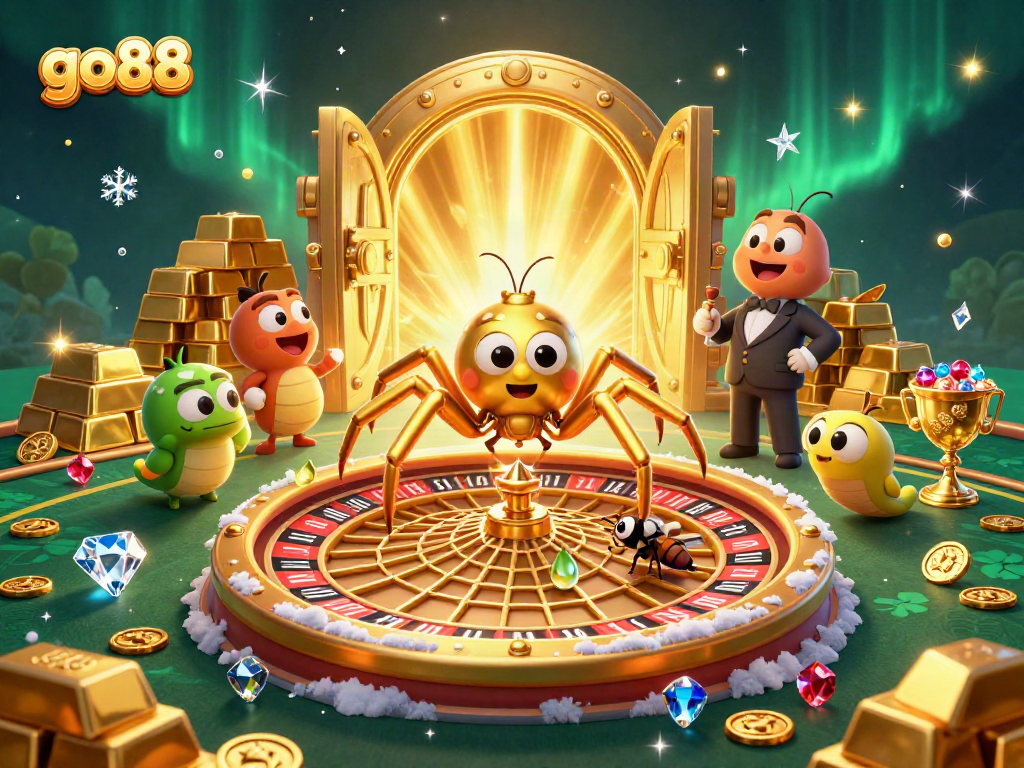 Experience thrilling bets at go88 as a golden spider spins a roulette wheel web in an enchanting casino scene.