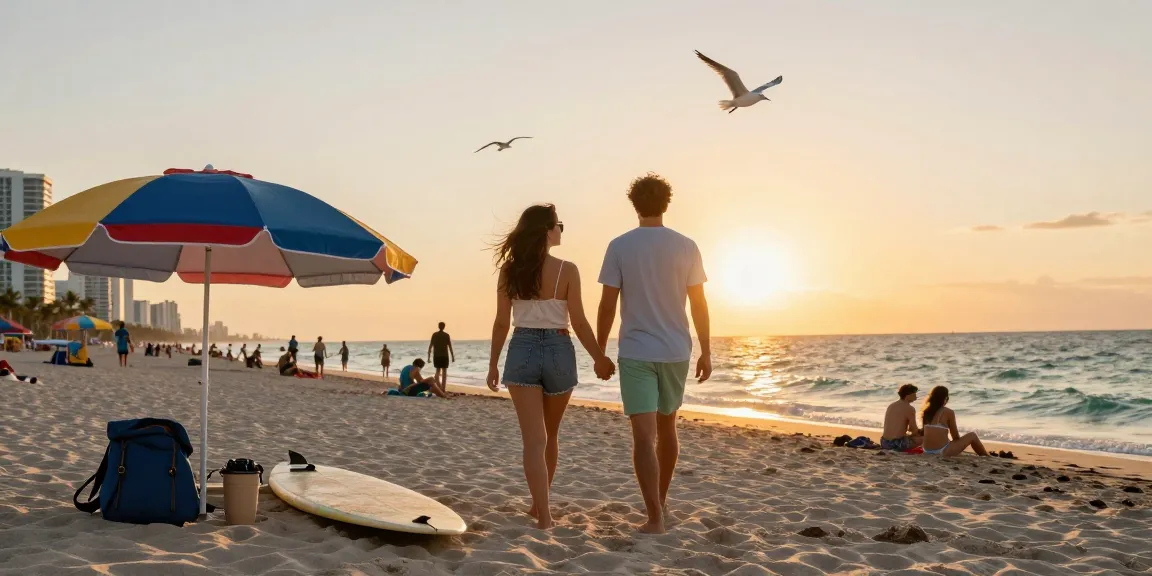 Pasangan petualang di https://miami4d.com/ menikmati keindahan pantai Miami saat matahari terbenam dengan suasana ceria dan warna-warni.