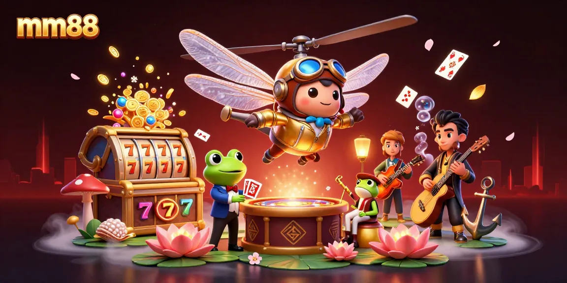 Experience the thrill of mm88 with vibrant casino action illustrated in 3D, featuring a dynamic dragonfly pilot and frog croupier.