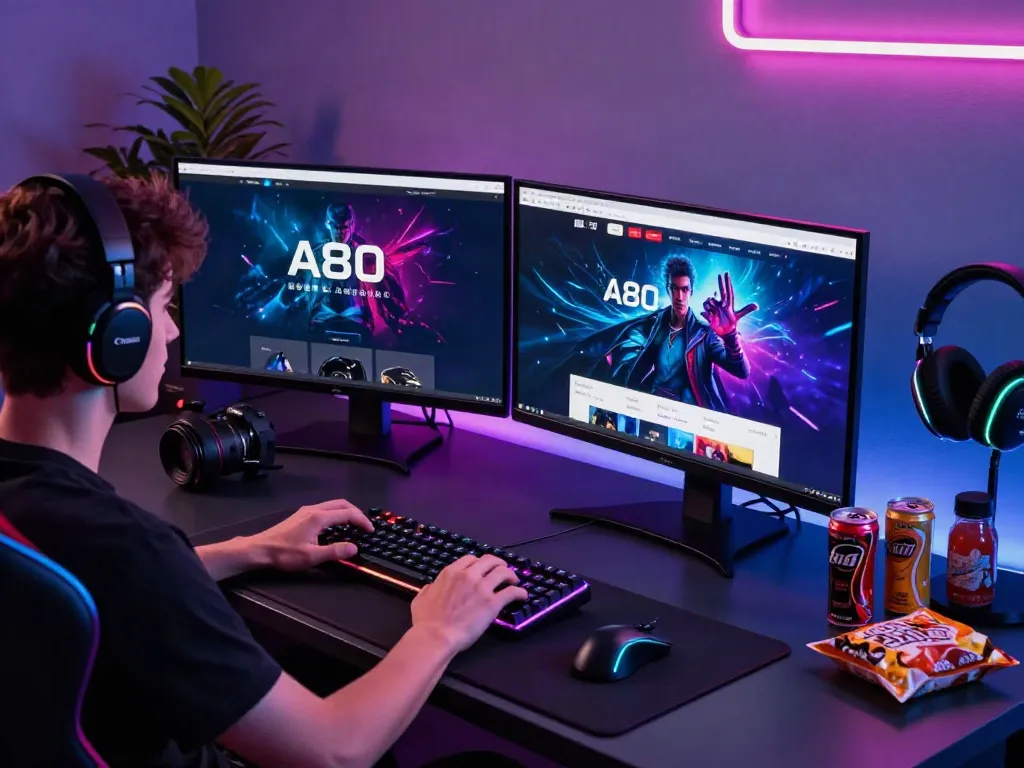 User engaging with the A80 homepage on dual monitors in a vibrant gaming setup