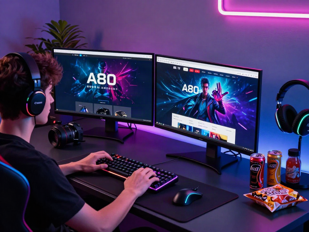 User engaging with the A80 homepage on dual monitors in a vibrant gaming setup