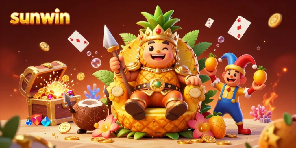 Engage with the sunwin casino world alongside a golden pineapple king and vibrant treasures in an exciting beach scene.