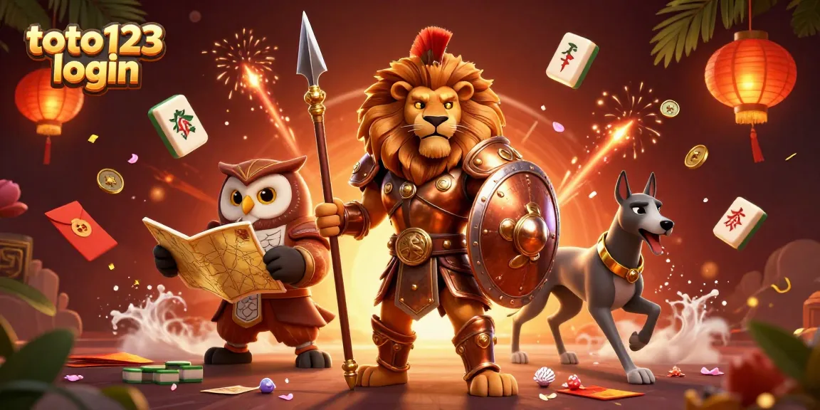 Experience winning strategies on toto123 login with 3D characters in a vibrant casino-themed illustration.