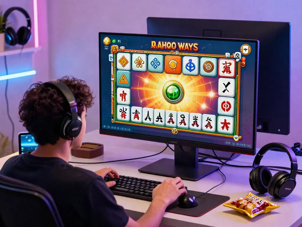 Antarmuka permainan Mahjong Ways dengan simbol berwarna-warni dalam suasana gaming yang ceria.