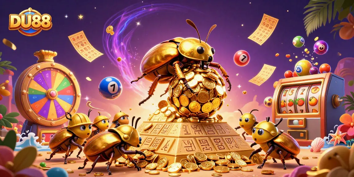 Experience thrilling fun with DU88 in a vibrant casino-themed 3D illustration filled with game elements.