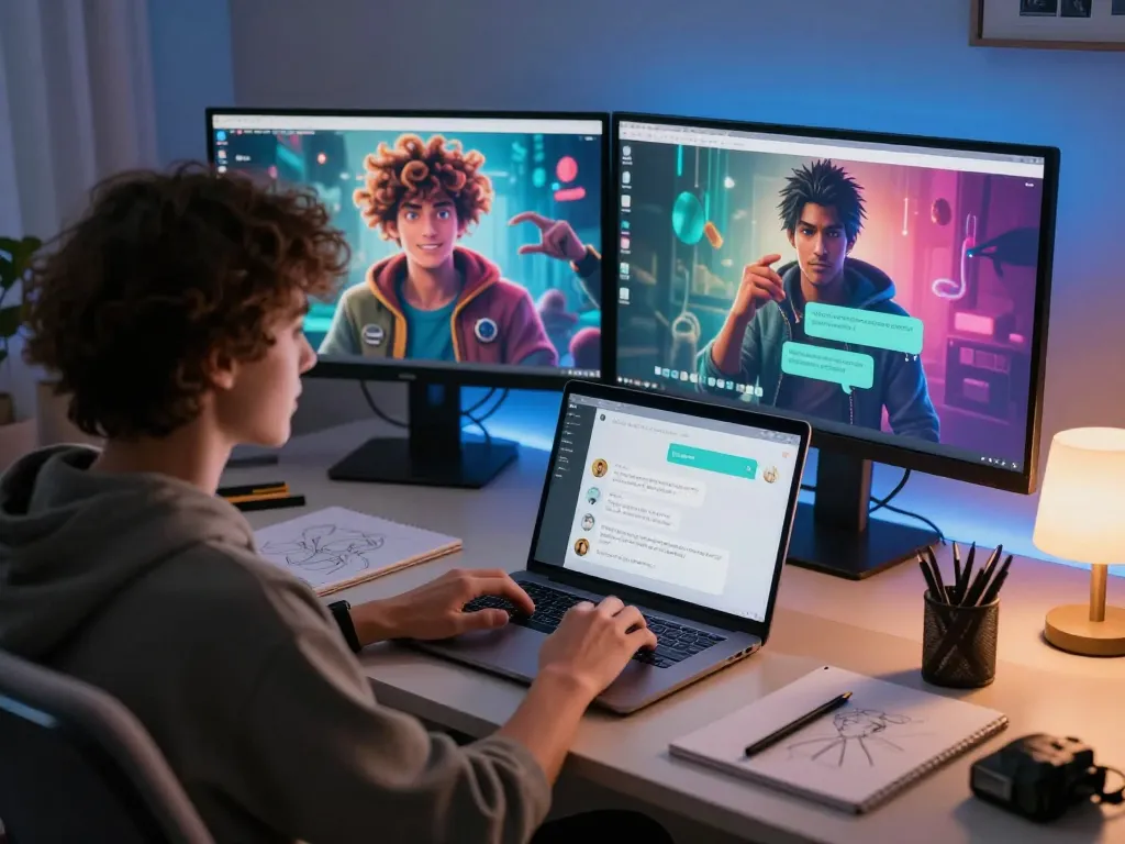 Engaging user experience with AI chat NSFW on modern laptop surrounded by creative tools in a cozy tech space.