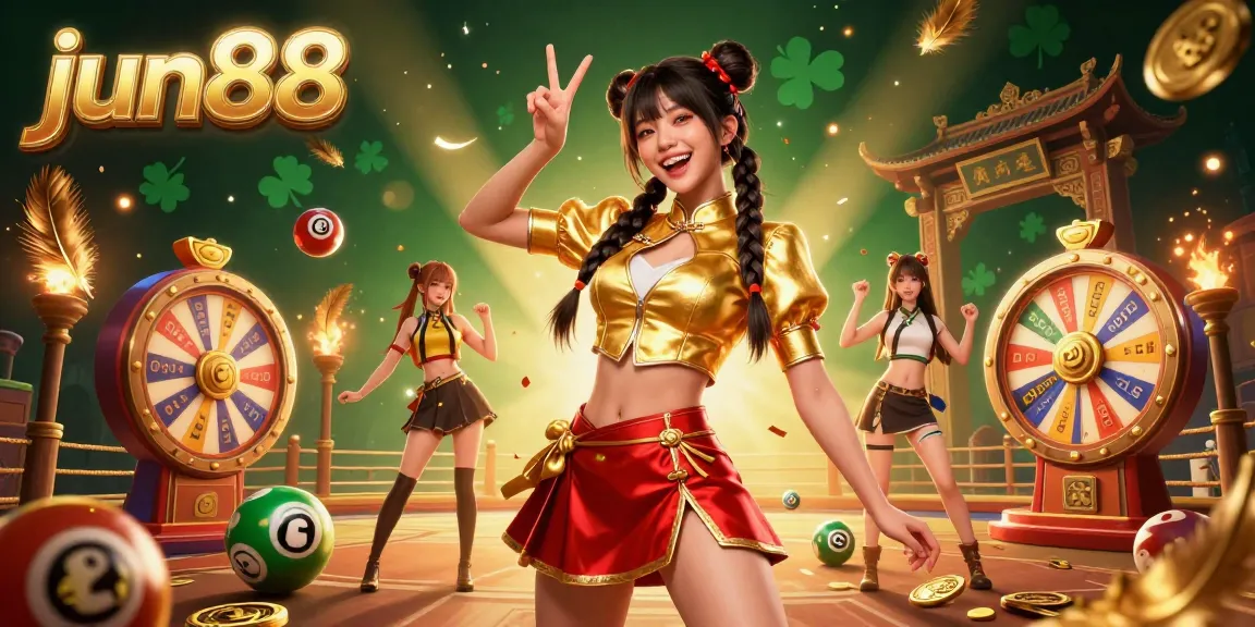 Win big at jun88 with vibrant lottery balls and a lively casino atmosphere in this energetic 3D illustration.