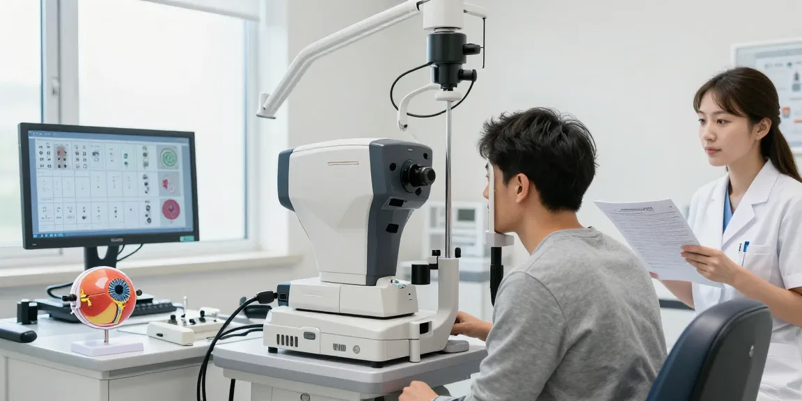Examining icl cataract risk during a detailed eye examination at a modern clinic.