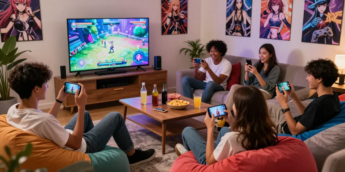 Engaging scene of friends enjoying mobile hentai games in a lively living room