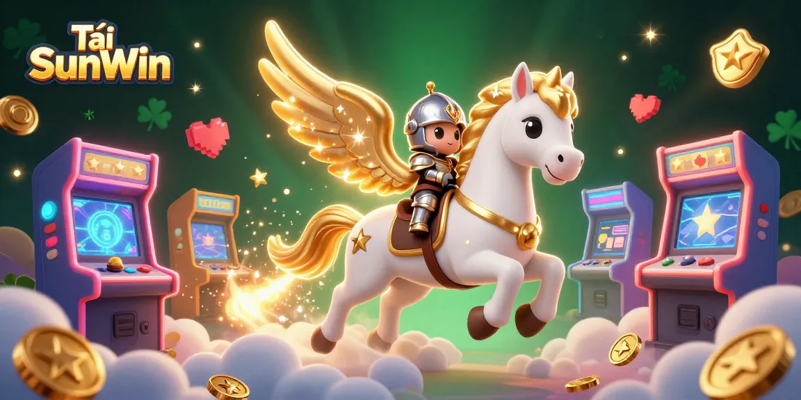 Tải SunWin captures the essence of gaming with a celestial horse and knight amidst arcade excitement.