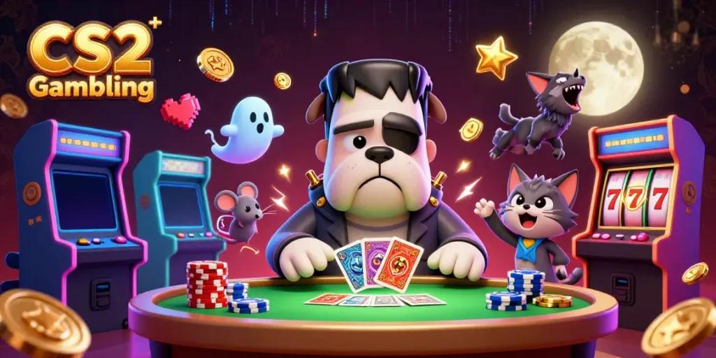 Engaging CS2 Gambling scene with a Frankenstein bulldog dealing cards, showcasing vibrant gaming elements.