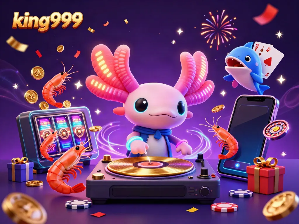 King999 menghadirkan ilustrasi kasino 3D yang penuh warna dan meriah dengan karakter unik dan elemen permainan.