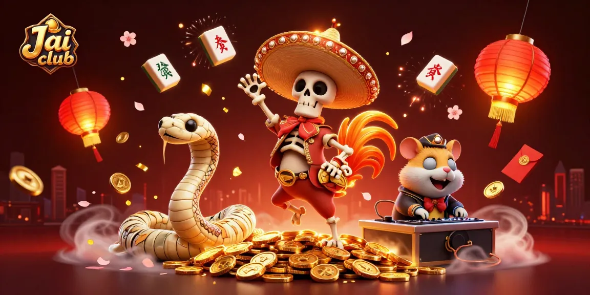 Win big with Jai club as a mariachi rooster dances amidst golden coins and festive game elements.