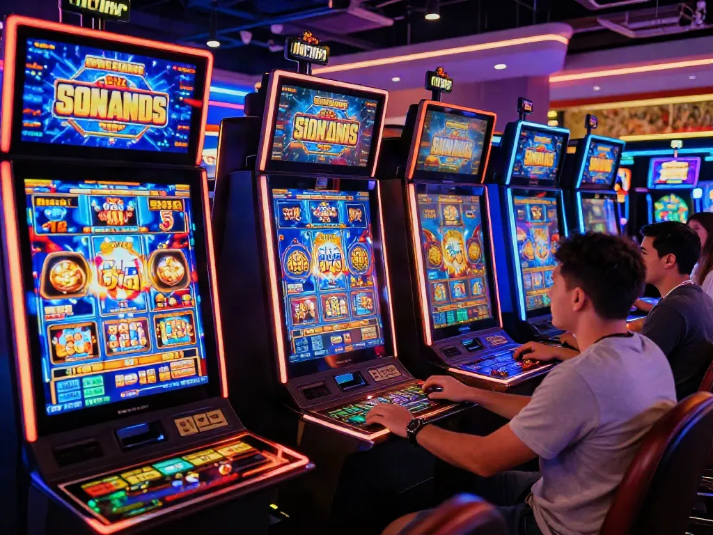 Exciting players enjoying slot online games on mobile and computer screens in a vibrant casino atmosphere.