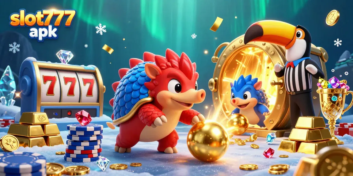 Experience the thrill of the slot777 apk, with rival pangolins in a vibrant casino scene filled with golden treasures.