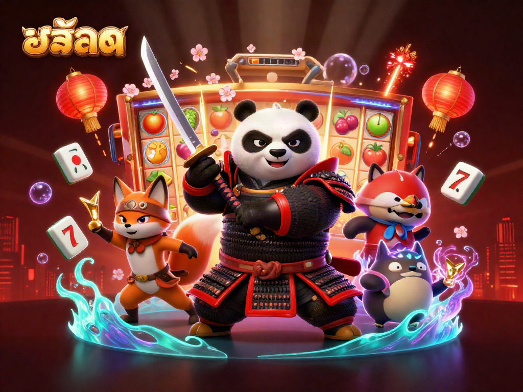 Engage in thrilling สล็อต experiences with samurai panda, ninja fox, and spirit tanuki in a vibrant scene.