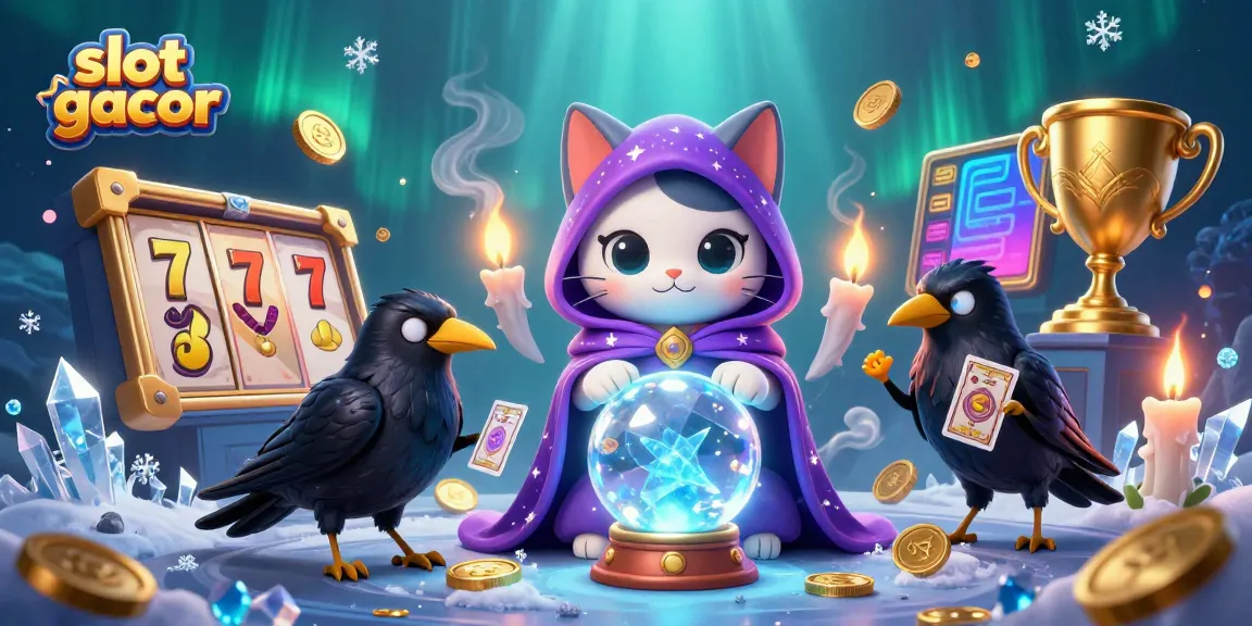 Slot gacor yang memikat dengan simbol permainan slot, kucing mistis dan burung gagak di antara koin emas.