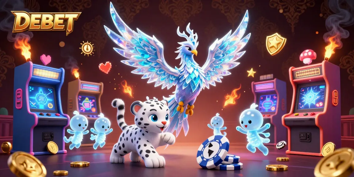 Engage with DEBET's immersive gaming experience featuring colorful arcade machines and vibrant characters.