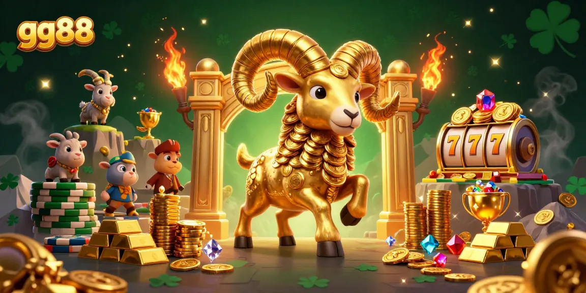 Experience thrilling gameplay with gg88 as a golden ram charges towards jackpots, surrounded by treasures.