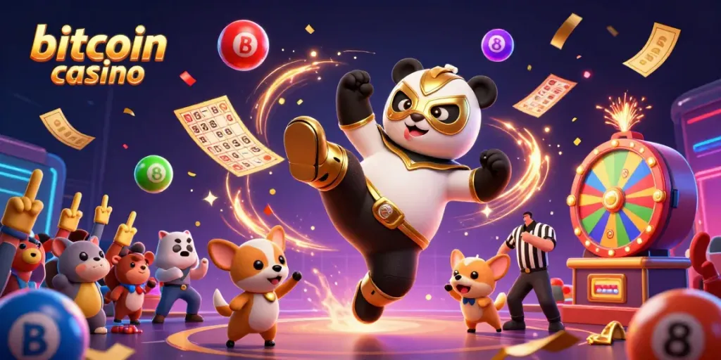Experience the excitement of a bitcoin casino with lively animals and colorful game elements in a vibrant setting.