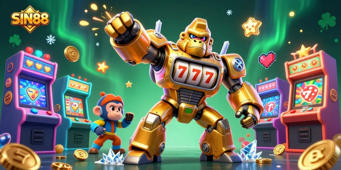 Experience thrilling gameplay with SIN88 featuring a golden gorilla mech and vibrant casino elements.