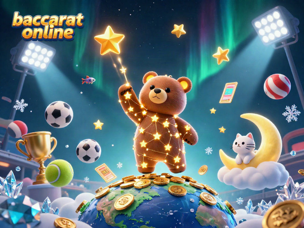 Play baccarat online with our vibrant 3D illustration featuring a constellation bear and various gaming elements.