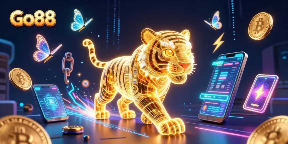 Engage gamblers at Go88 with a dynamic scene featuring a golden tiger and crypto elements in a casino.
