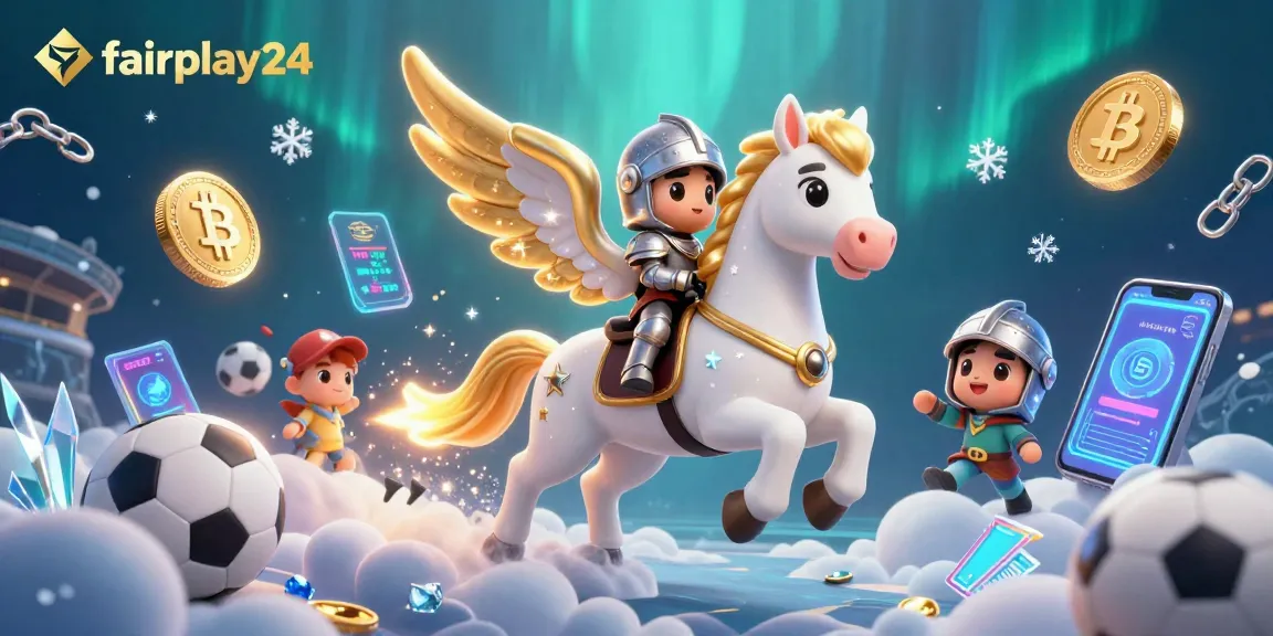 Join the action with fairplay24 as a celestial horse leads sports betting excitement, surrounded by vibrant game elements.