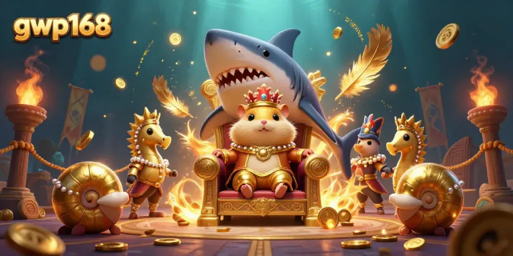 Gambarkan aksi menarik di gwp168 dengan raja hamster emas dan penjaga kuda laut dalam suasana kasino yang megah.