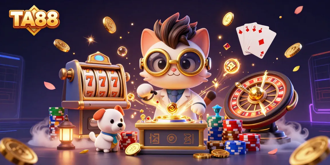 TA88 slots action with mad scientist cat inventing gold coins amid vibrant casino elements