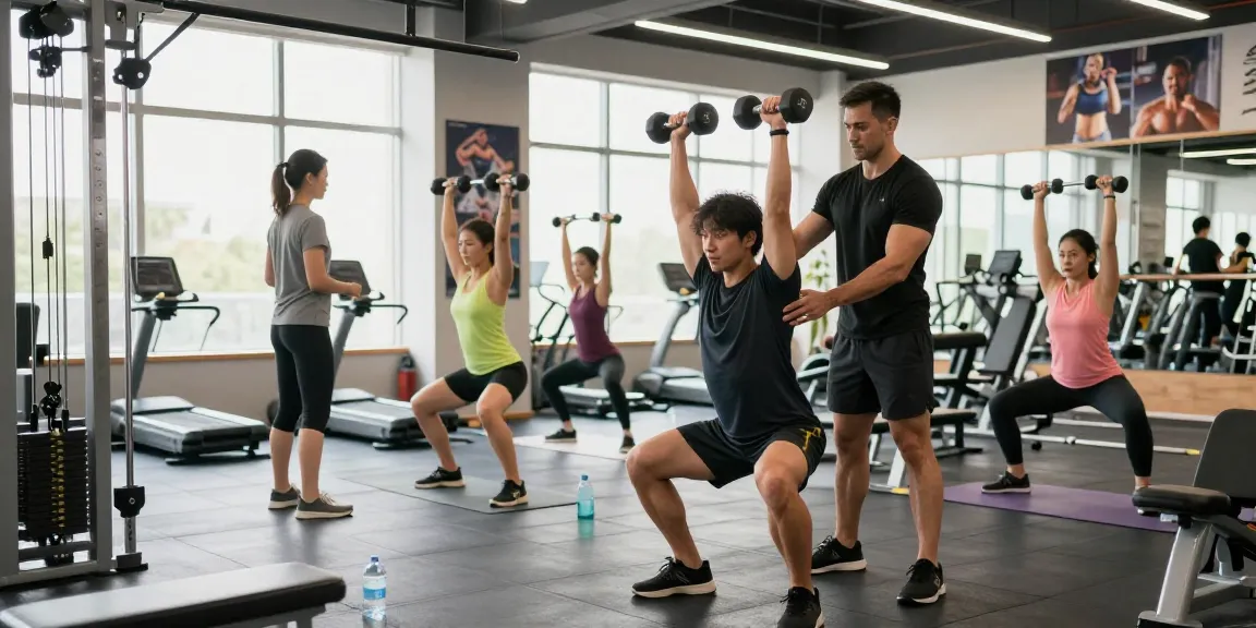 Astera Steroid Shop gym scene with athletes training and a personal trainer assisting clients.