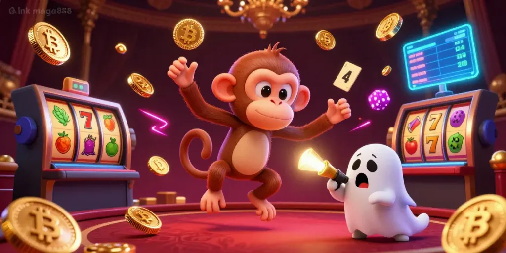 Engage with link mega888 as the mischievous monkey juggles golden casino elements in a vibrant atmosphere.