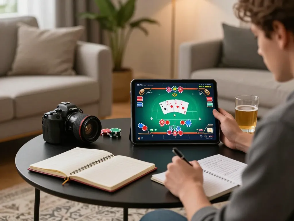 Player immersed in online gambling on tablet showcasing casinos not on gamstop in a cozy home setting.