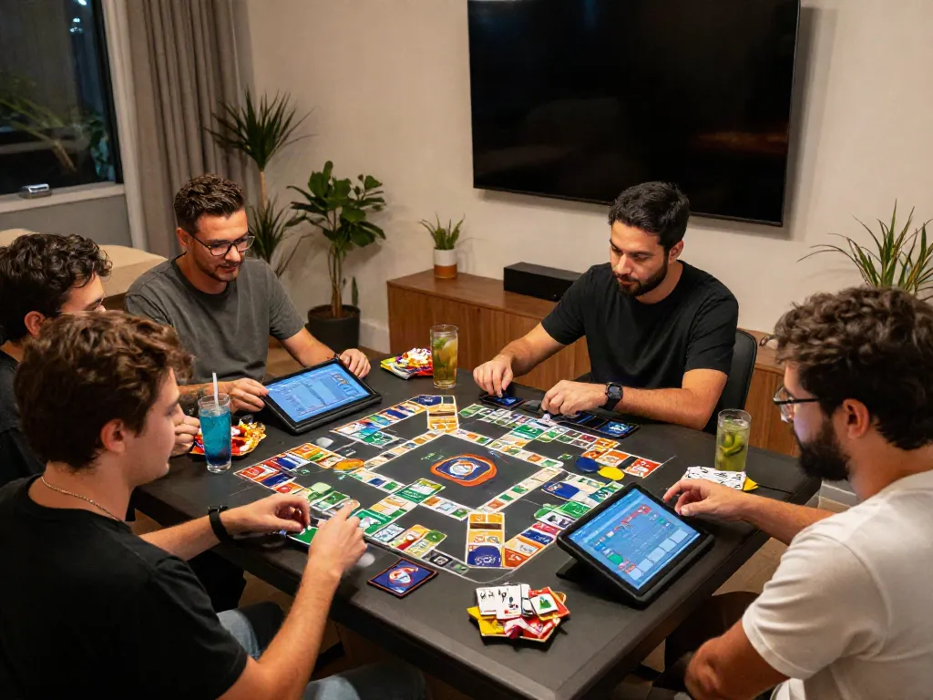 Engaged players enjoying a game of Rumble Rummy on a tablet in a lively setting.