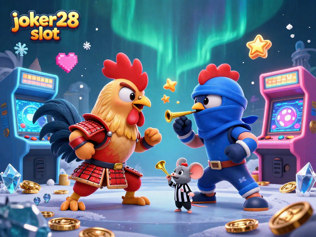 Rasakan keseruan joker28 slot dengan gambar ayam jantan bertarung dan elemen kasino berwarna-warni.