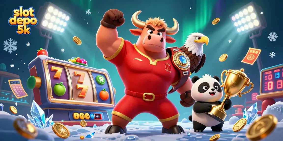 Slot depo 5k menampilkan lambang kemenangan dengan simbol jackpot dan elemen kasino yang menarik.