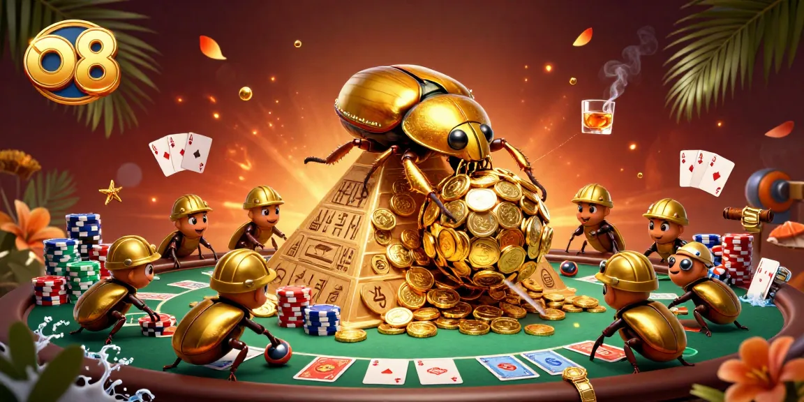 Engage in thrilling gameplay with o8's golden beetles rolling winning coins under a vibrant sunset backdrop.