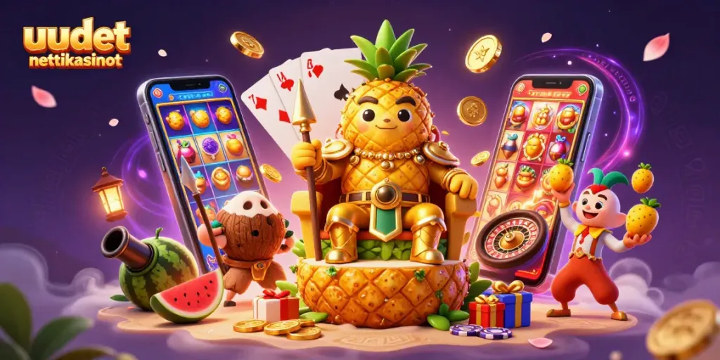 Vertaile uusia nettikasinoita rikkaita bonuksia ja jännittäviä pelejä esittelevässä 3D-illustratiossa.