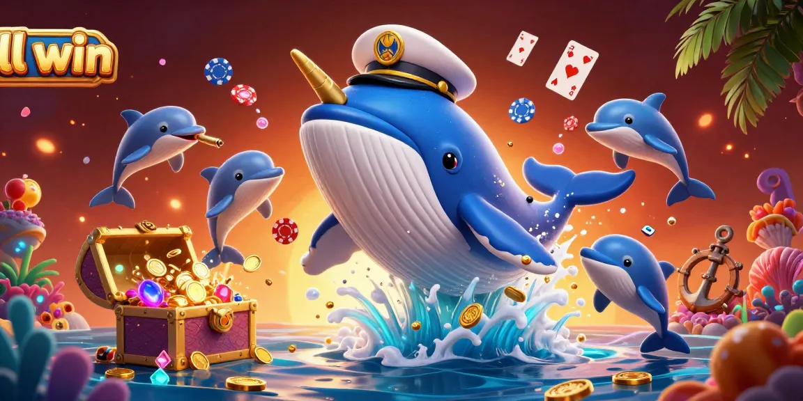 ll win in a vibrant underwater scene featuring a whale, narwhal, and playful dolphins surrounded by casino symbols.